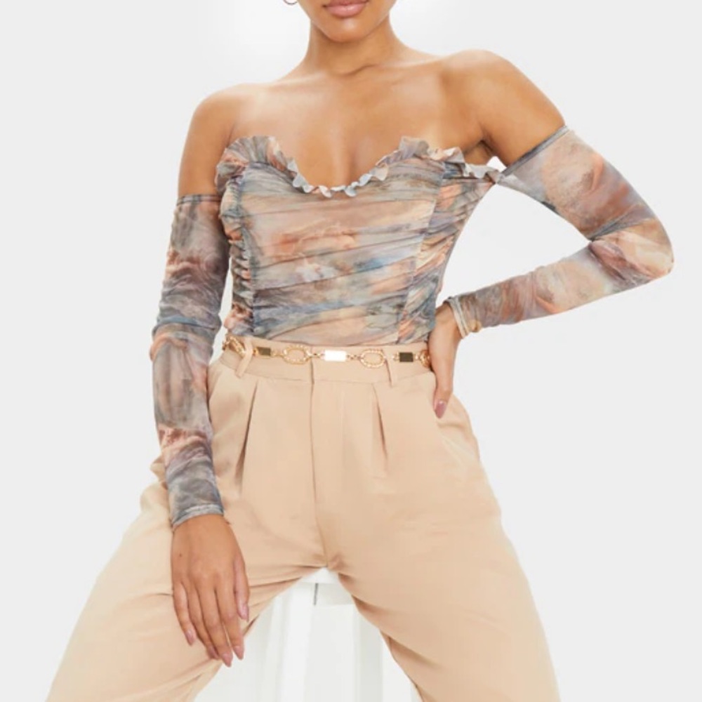 Pretty Little Thing Multi Water Renaissance Printed Mesh Ruched Bardot Bodysuit